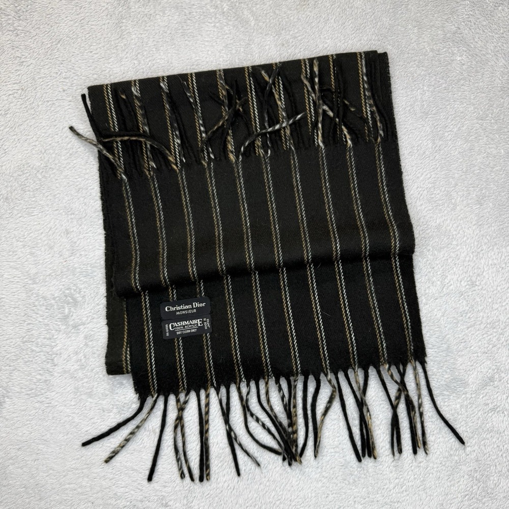 Vintage Christian Dior Monsieur Cashmaire Scarf Black Stripe Acrylic Japan